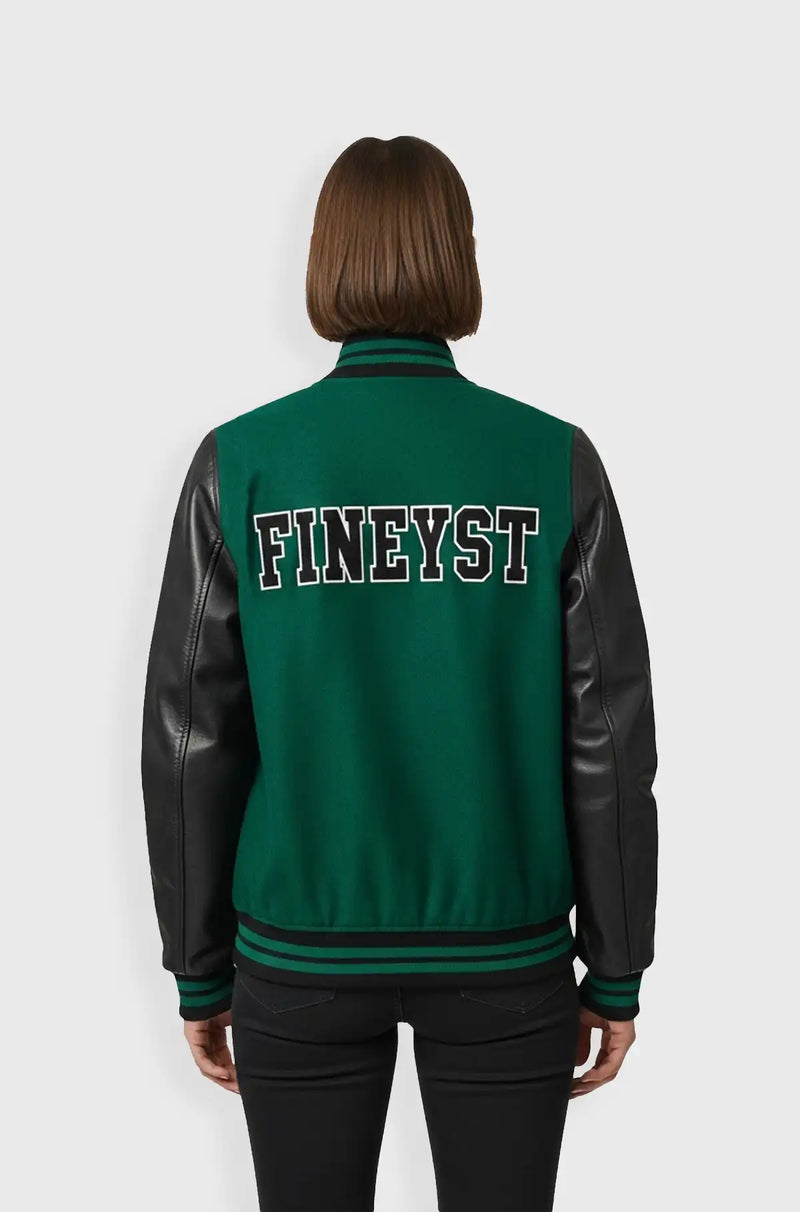 Green Black Varsity Leather Jacket back view