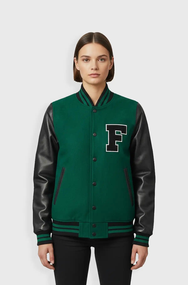 Green Black Varsity Leather Jacket front view