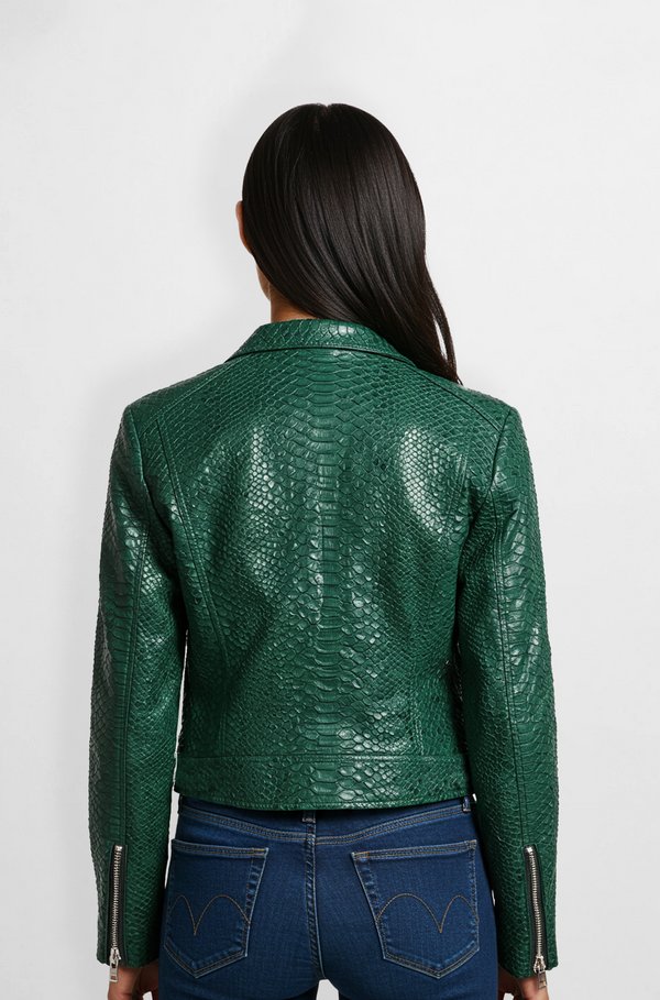 Green Snakeskin Leather Biker Jacket for Women back view