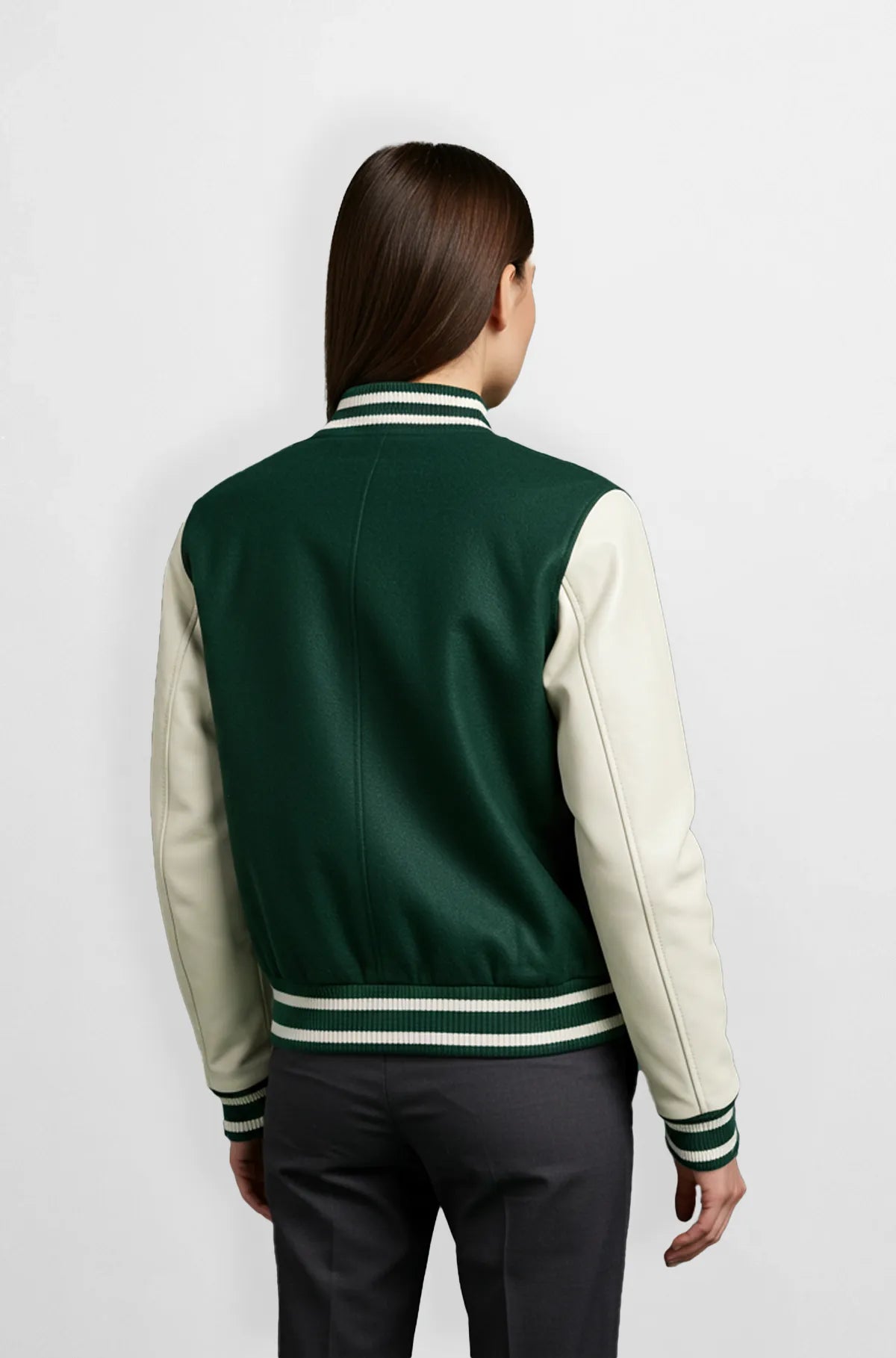 Green Wool Varsity Jacket with Leather Sleeve Back view