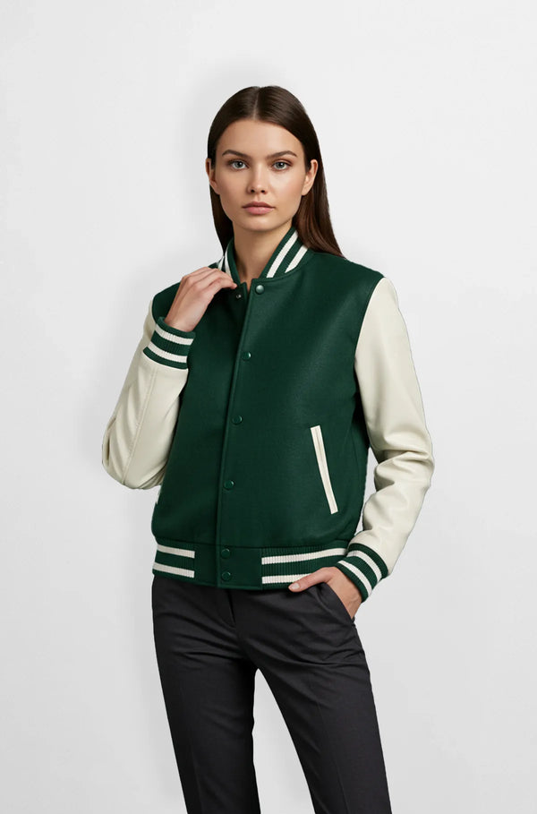 Green Wool Varsity Jacket with Leather Sleeve Front view