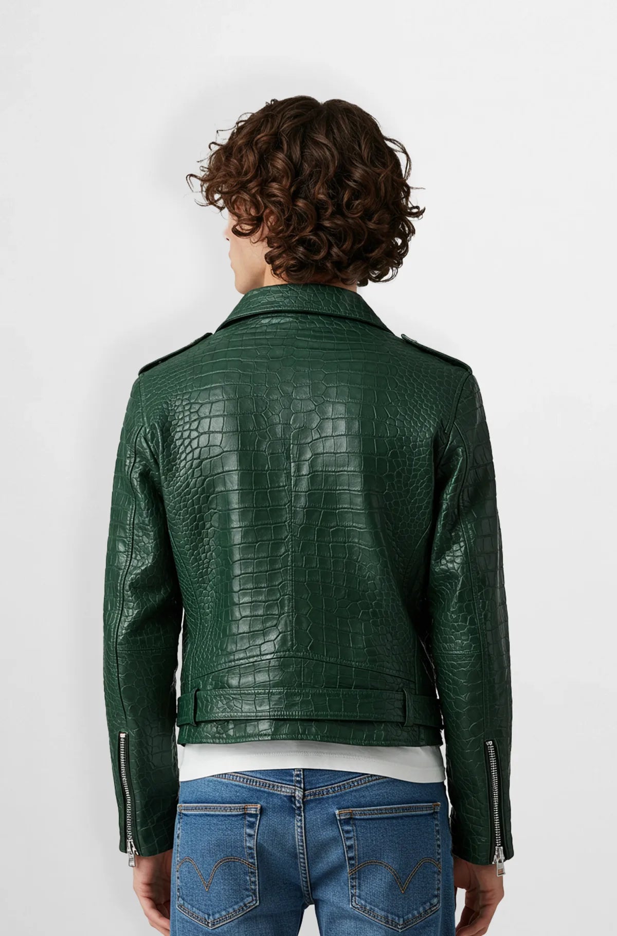 Green Crocodile Leather Biker Jacket For Mens Back view