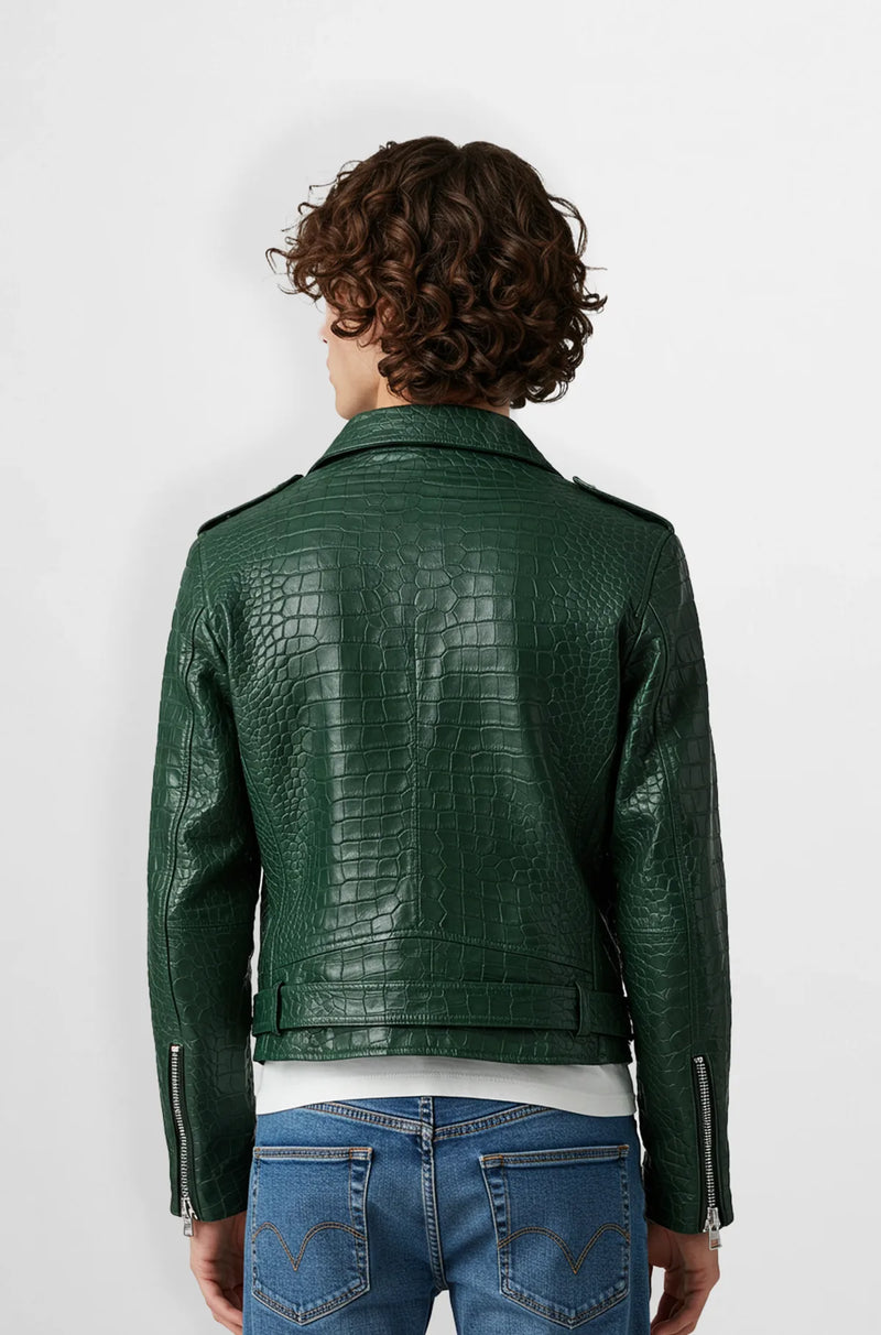 Green Crocodile Leather Biker Jacket For Mens Back view