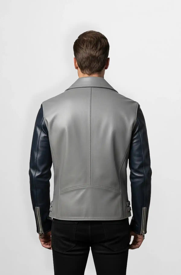 Grey & Navy Blue Leather Biker Jacket Back view