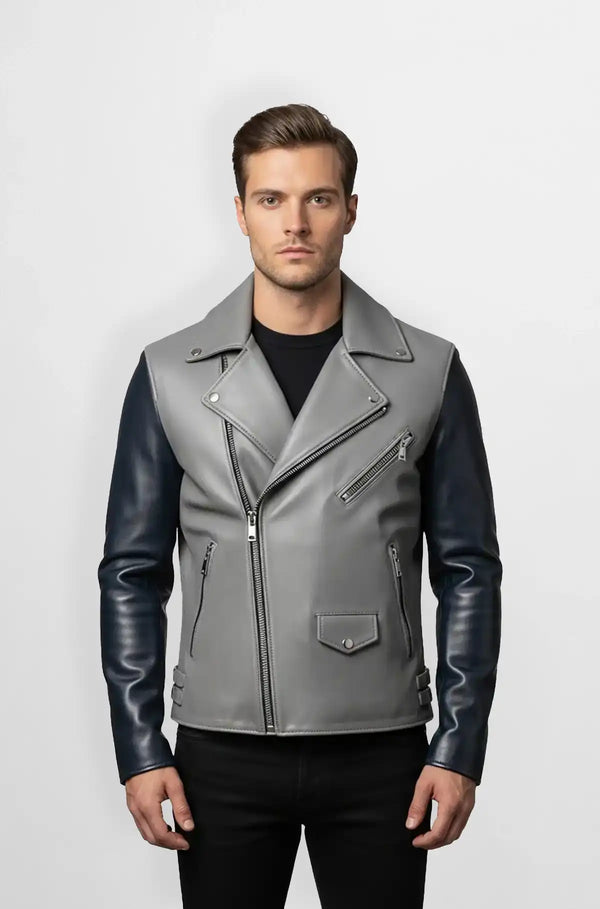 Grey & Navy Blue Leather Biker Jacket Front view