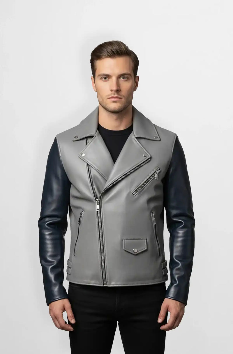 Grey & Navy Blue Leather Biker Jacket Front view
