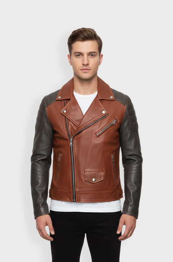 Grey And Cognac Brown Leather Biker Jacket