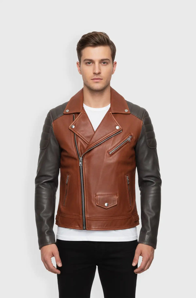 Grey And Cognac Brown Leather Biker Jacket
