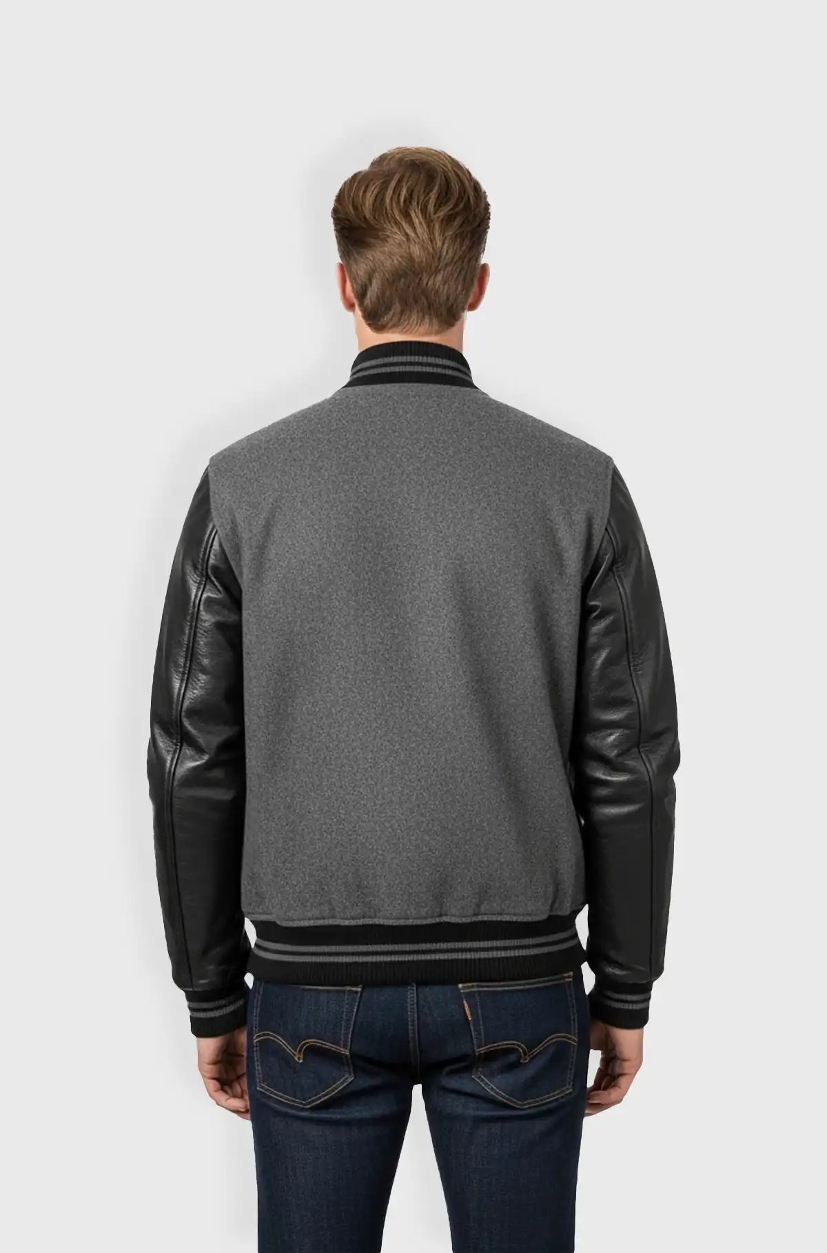 Grey Black Leather Varsity Jacket back view