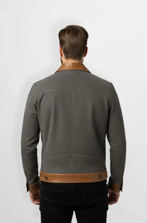 Grey Crocodile Leather Wool Trucker Jacket Back view