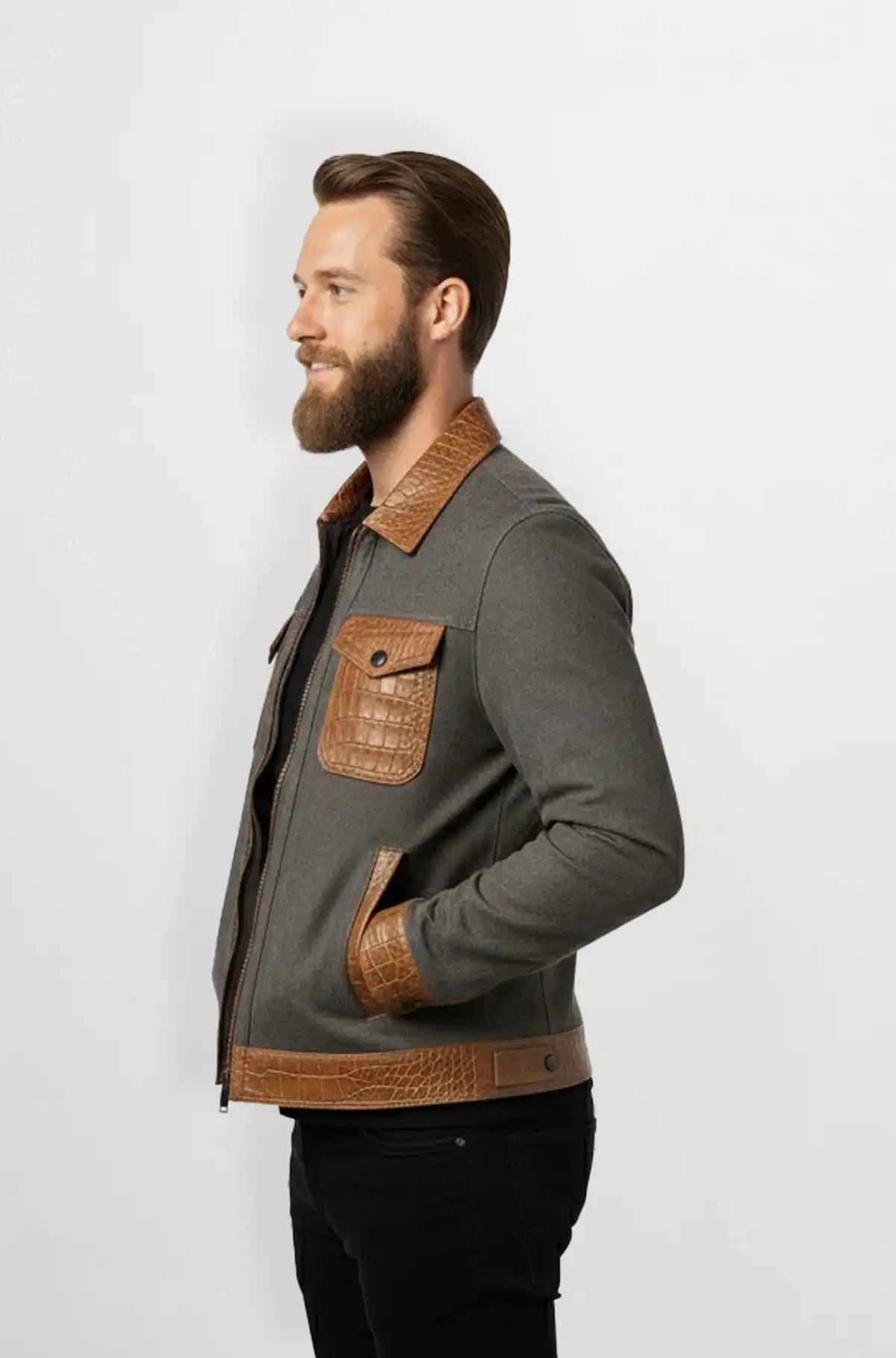 Grey Crocodile Leather Wool Trucker Jacket Front view