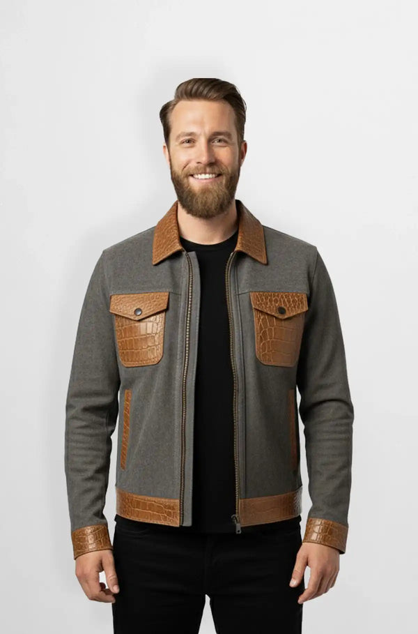 Grey Crocodile Leather Wool Trucker Jacket Front view