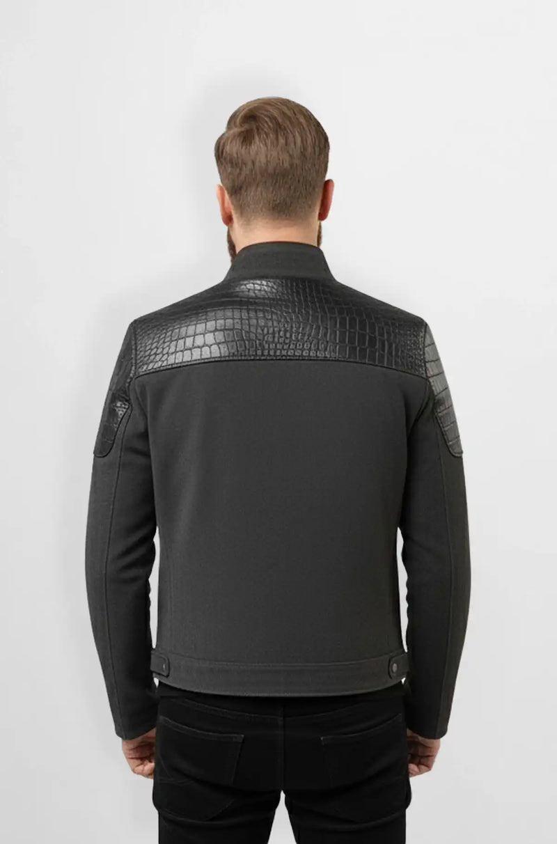 Grey Crocodile Suede Leather Bomber Jacket Back view