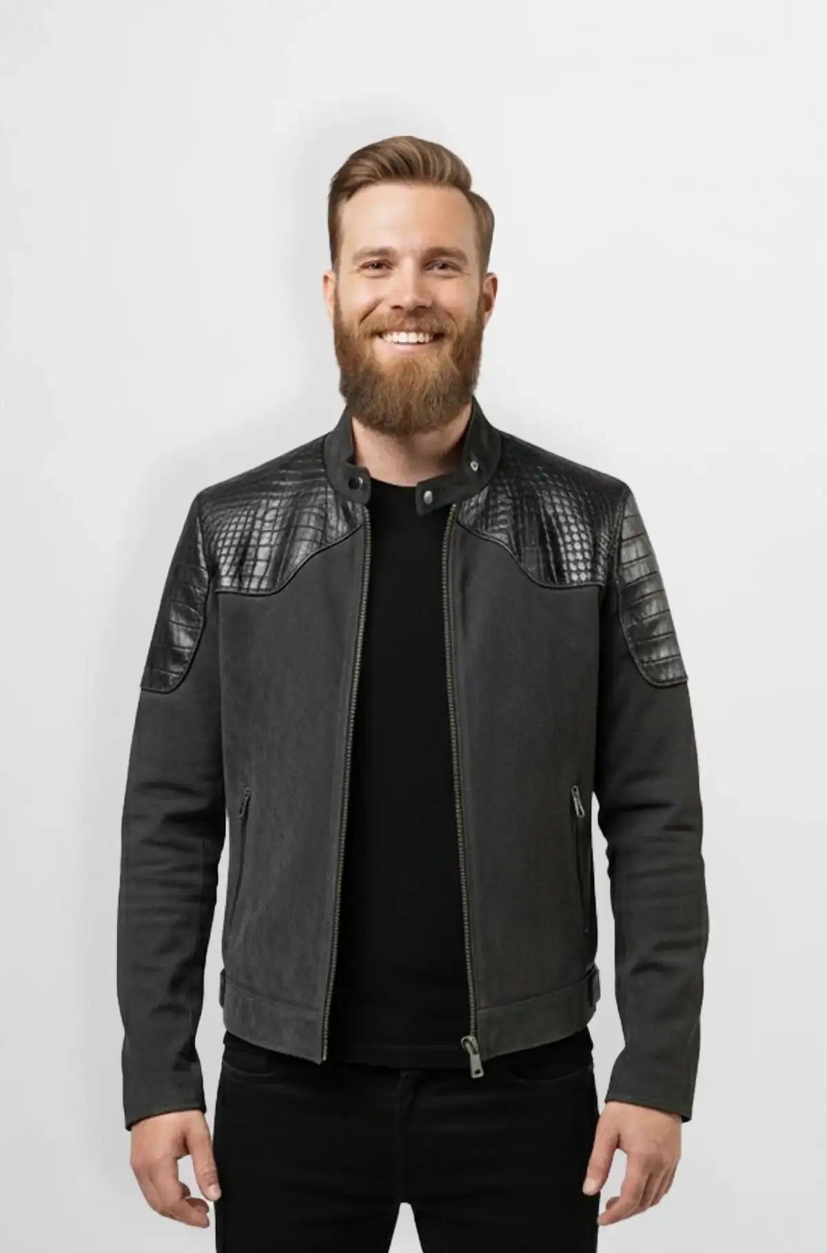 Grey Crocodile Suede Leather Bomber Jacket Front view