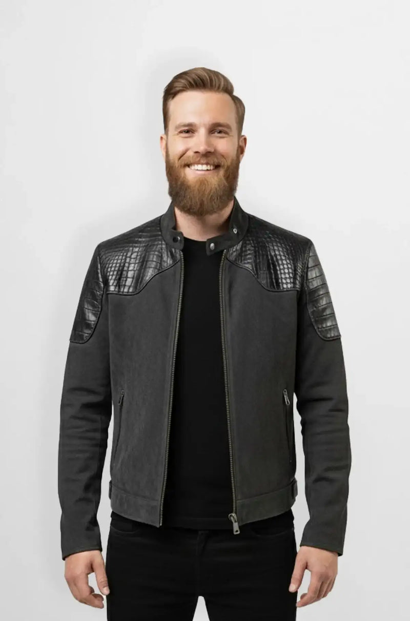 Grey Crocodile Suede Leather Bomber Jacket Front view