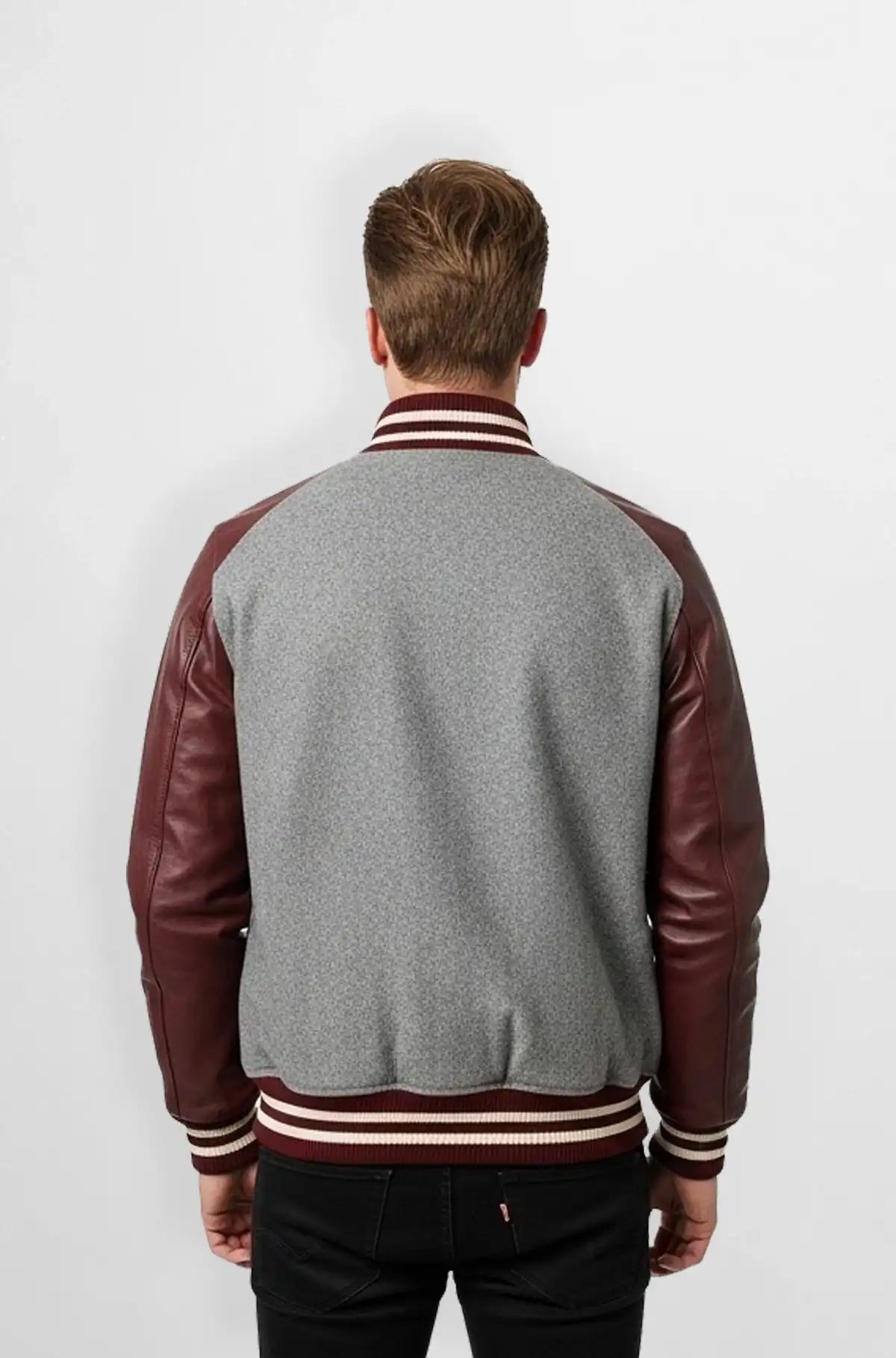 Grey Heather Wool Leather Panel Varsity Jacket Back view