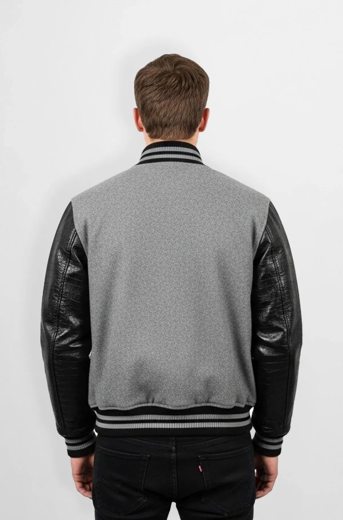 Grey Leather Wool Varsity Jacket Back view