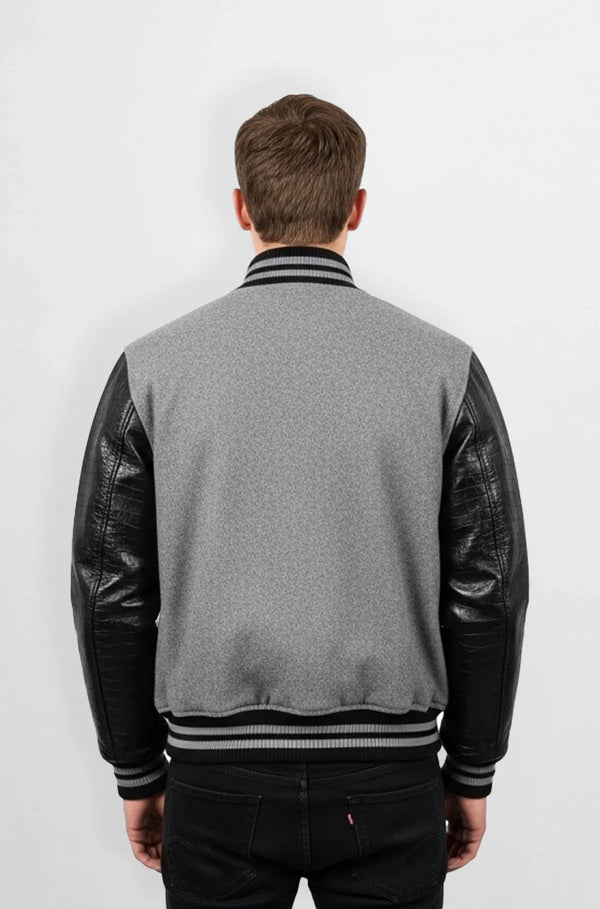 Grey Leather Wool Varsity Jacket Back view
