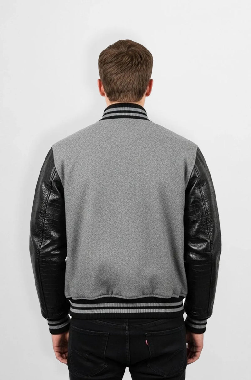 Grey Leather Wool Varsity Jacket Back view