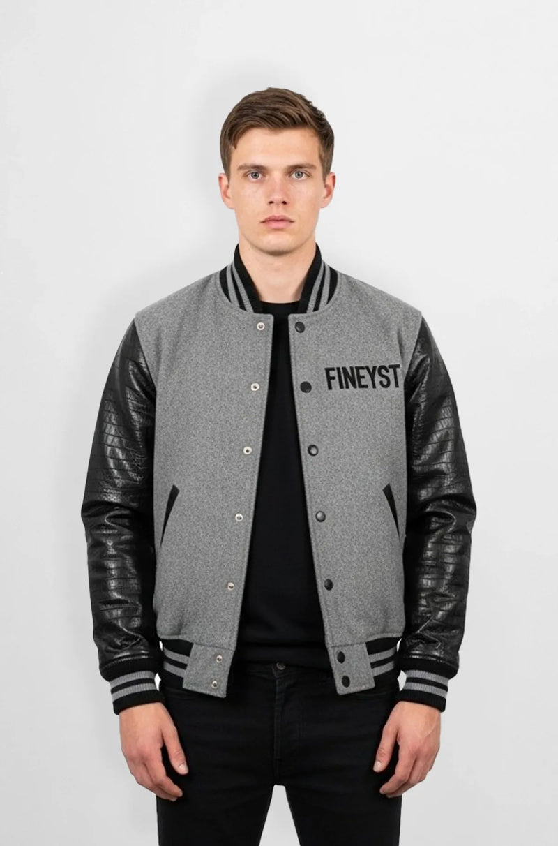 Grey Leather Wool Varsity Jacket Front view