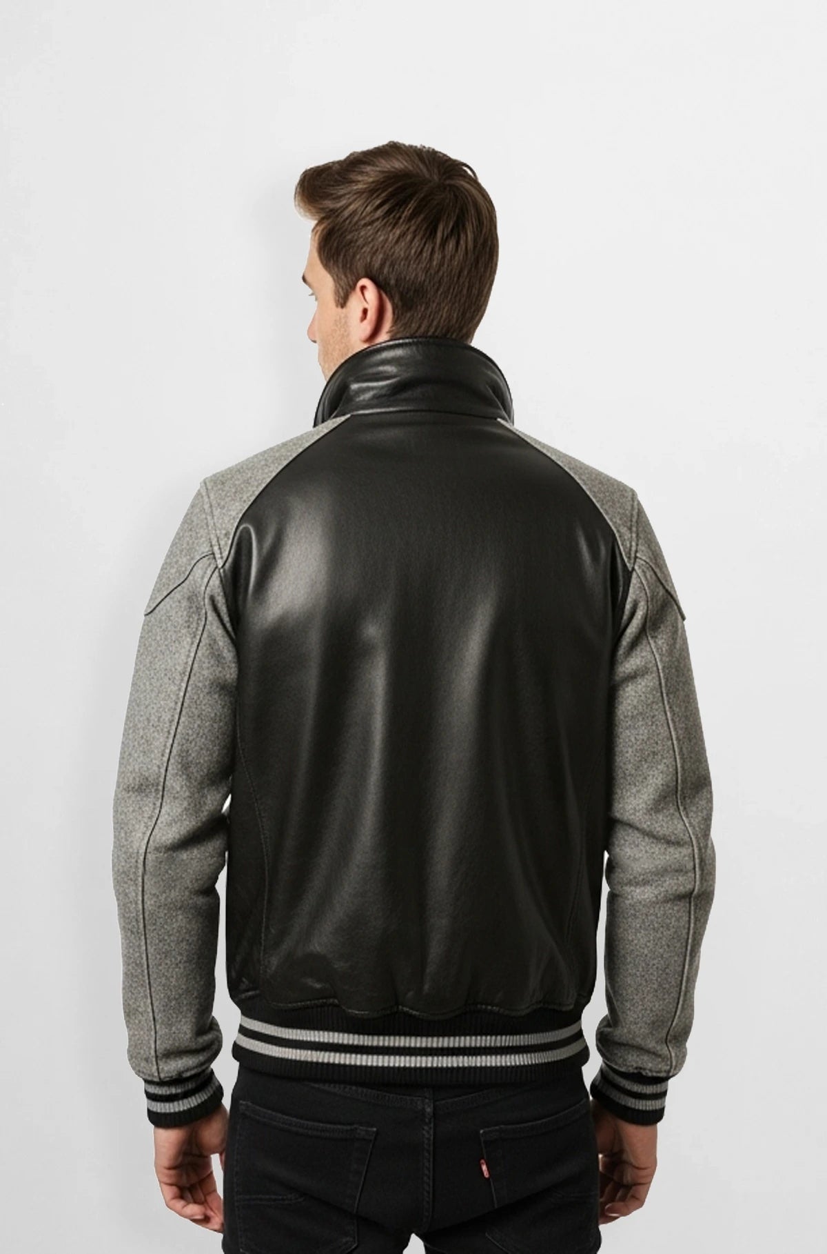 Grey Sleeve Black Leather Varsity Jacket back view
