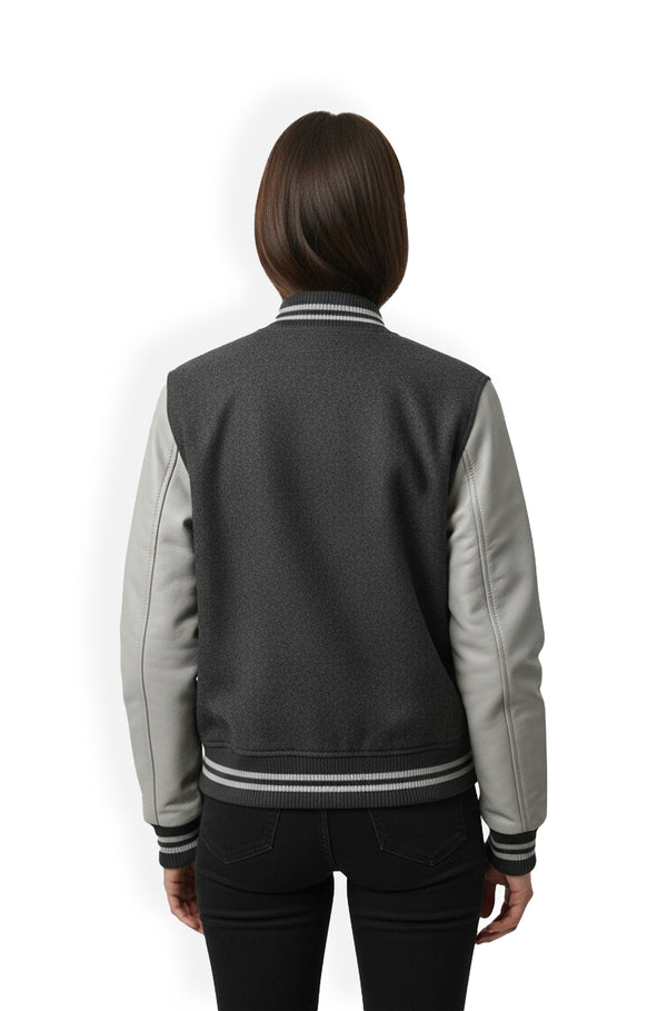 Grey Varsity Leather Jacket back view