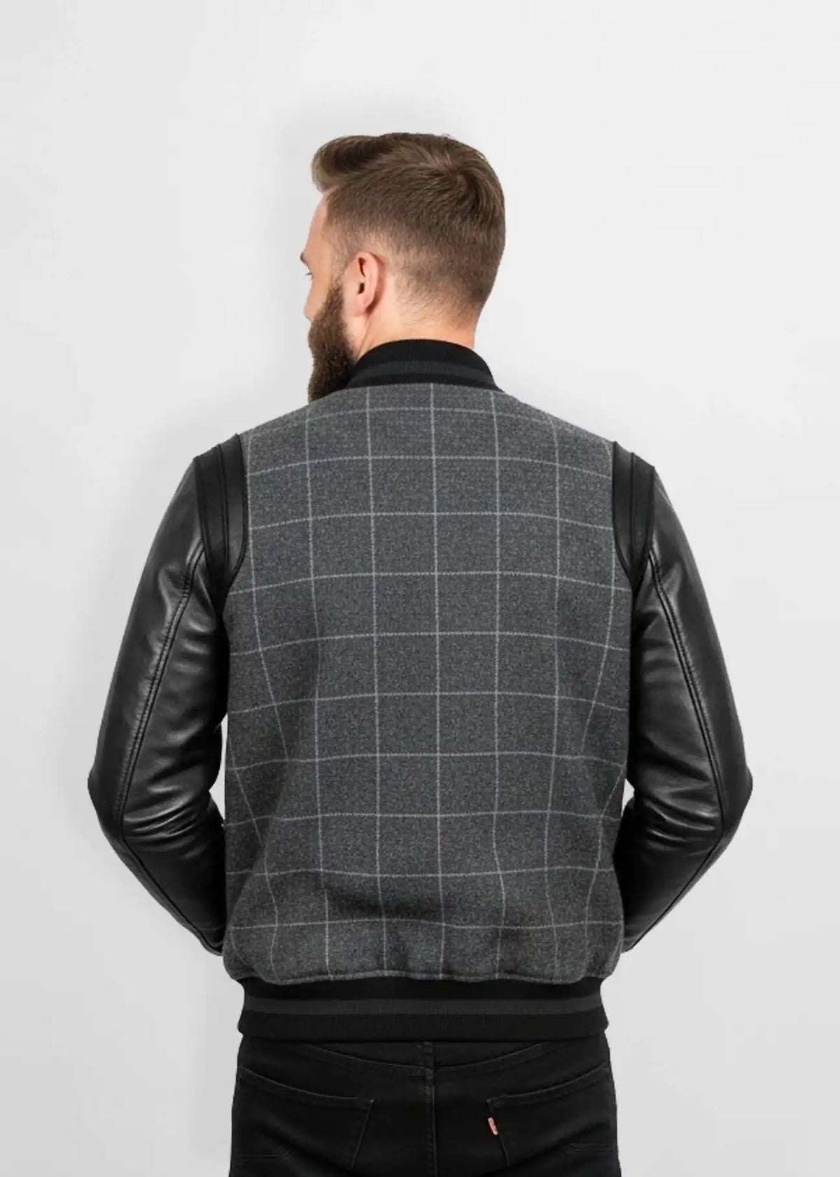 Grey Windowpane Wool Leather Bomber Jacket Back view