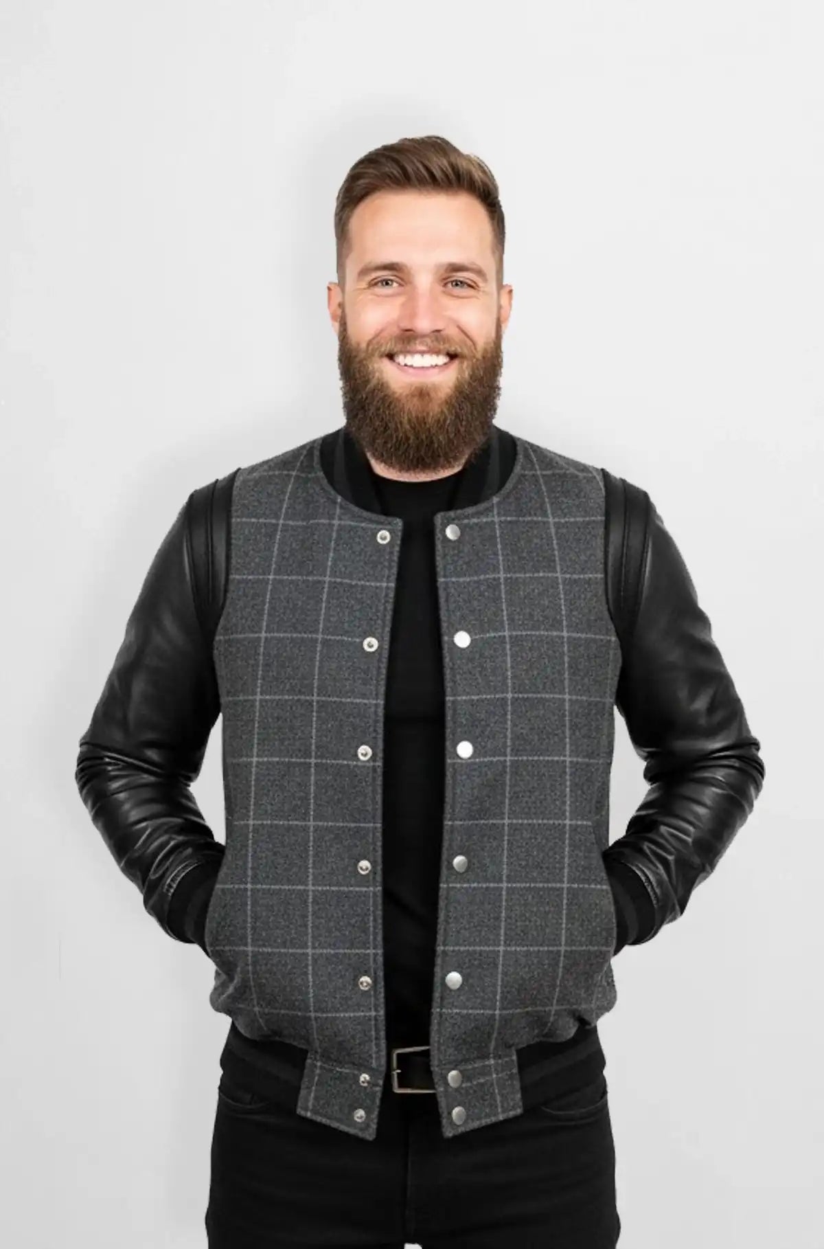 Grey Windowpane Wool Leather Bomber Jacket Front view