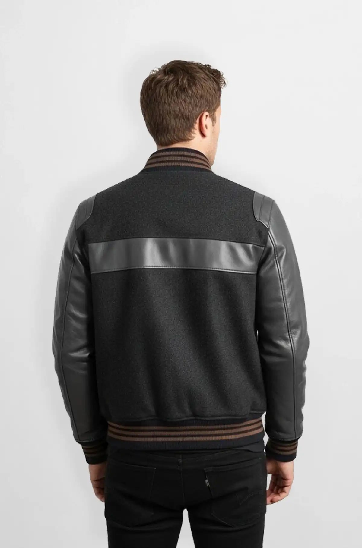 Grey Wool Leather Varsity Jacket Back view