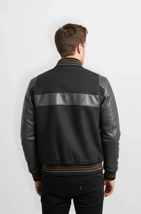 Grey Wool Leather Varsity Jacket Back view