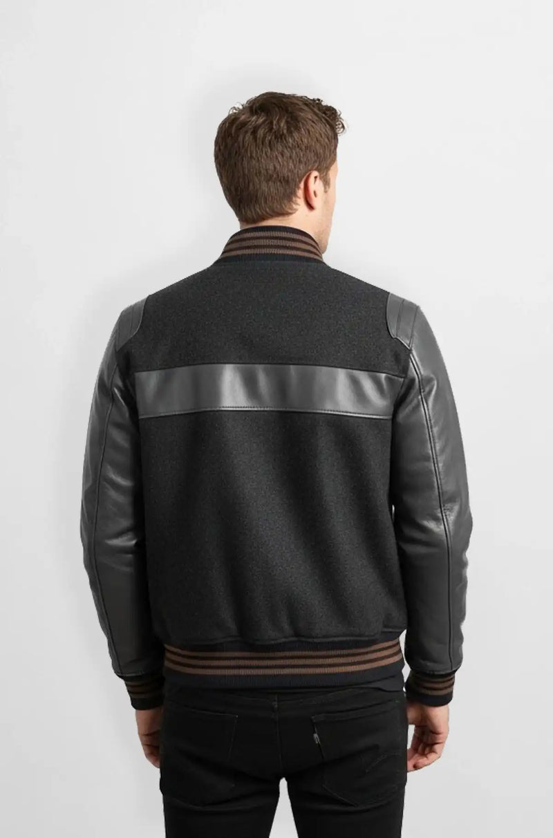 Grey Wool Leather Varsity Jacket Back view