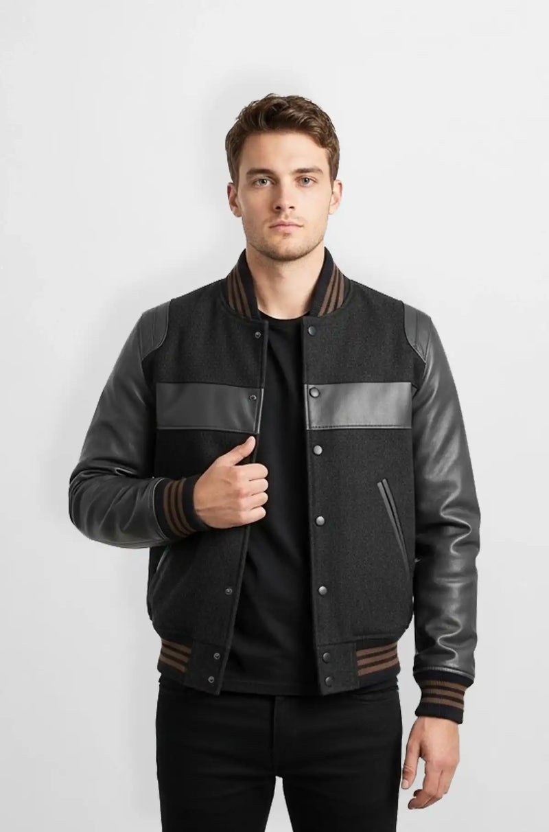 Grey Wool Leather Varsity Jacket Front view