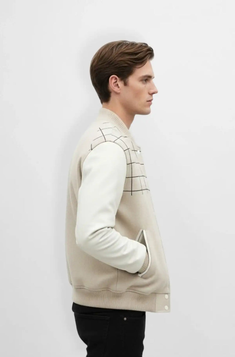 Grid Form Cream Varsity Leather Jacket