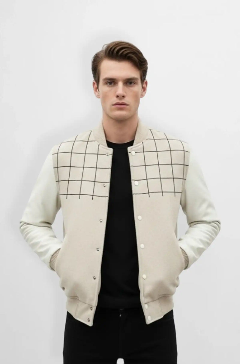 Grid Form Cream Varsity Leather Jacket