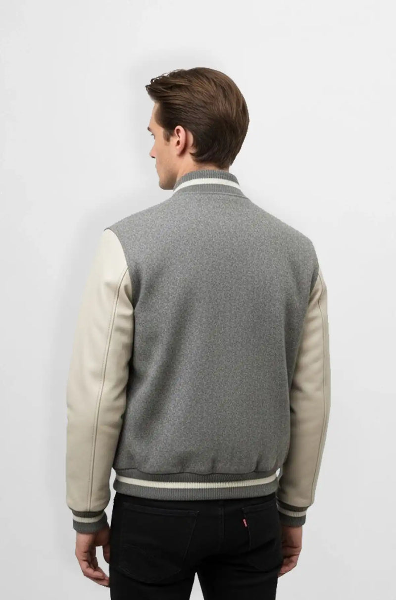 Grid Panel Leather Varsity Jacket