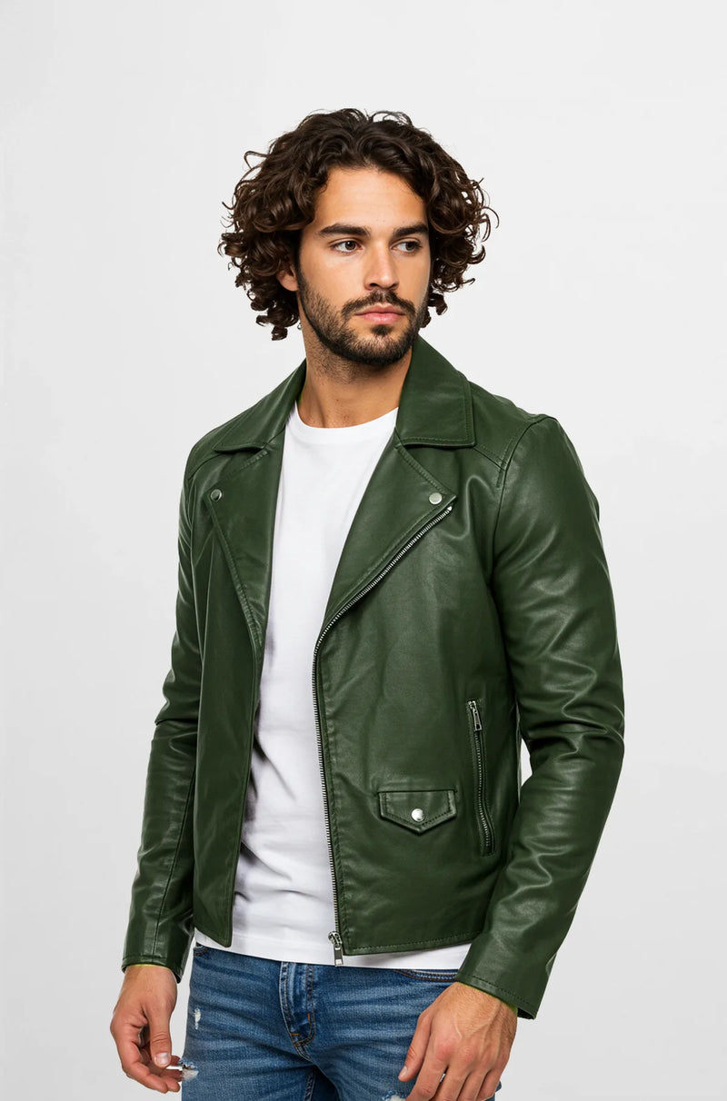 Hunter Green Leather Jacket front view