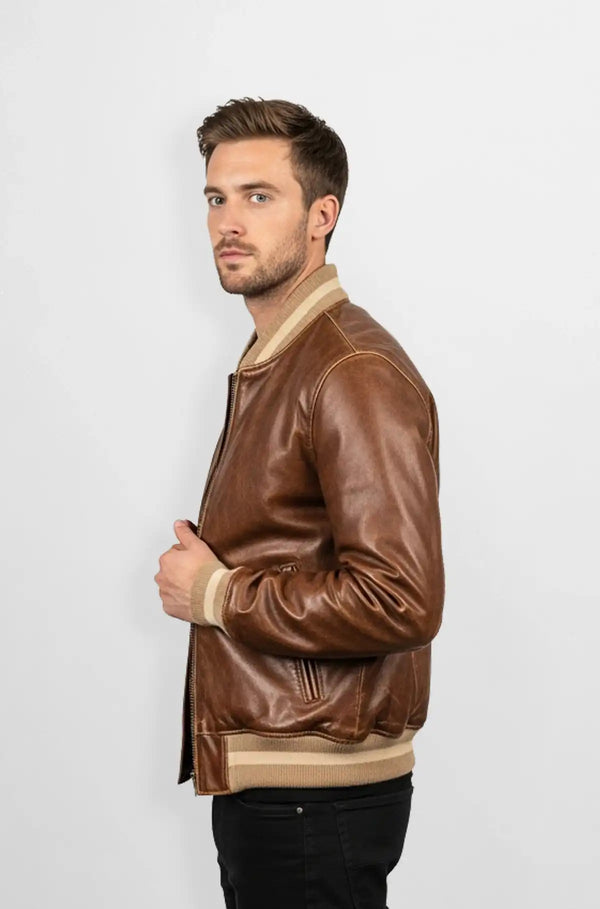 Imperial Tan Leather Bomber Jacket