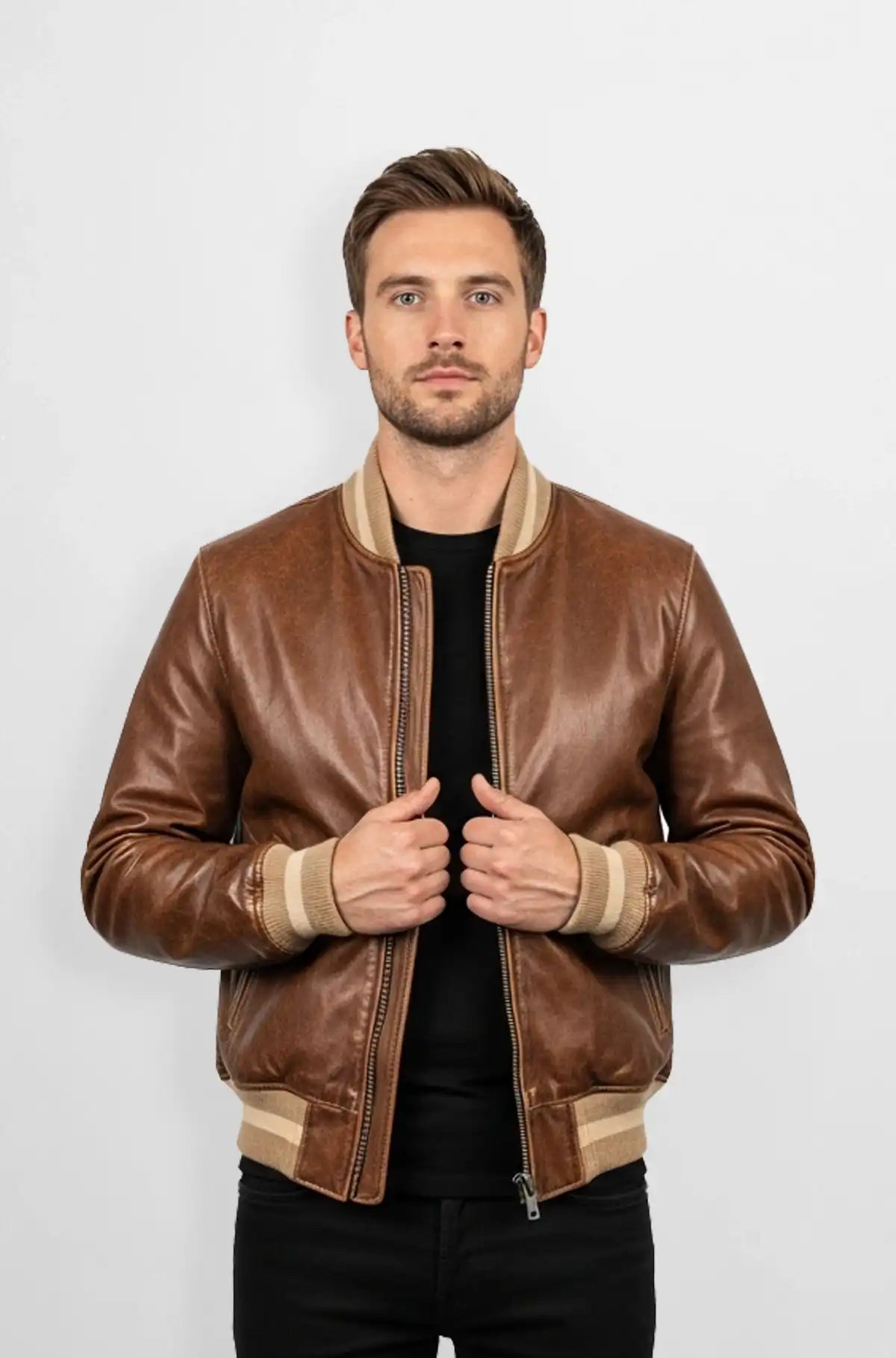 Imperial Tan Leather Bomber Jacket