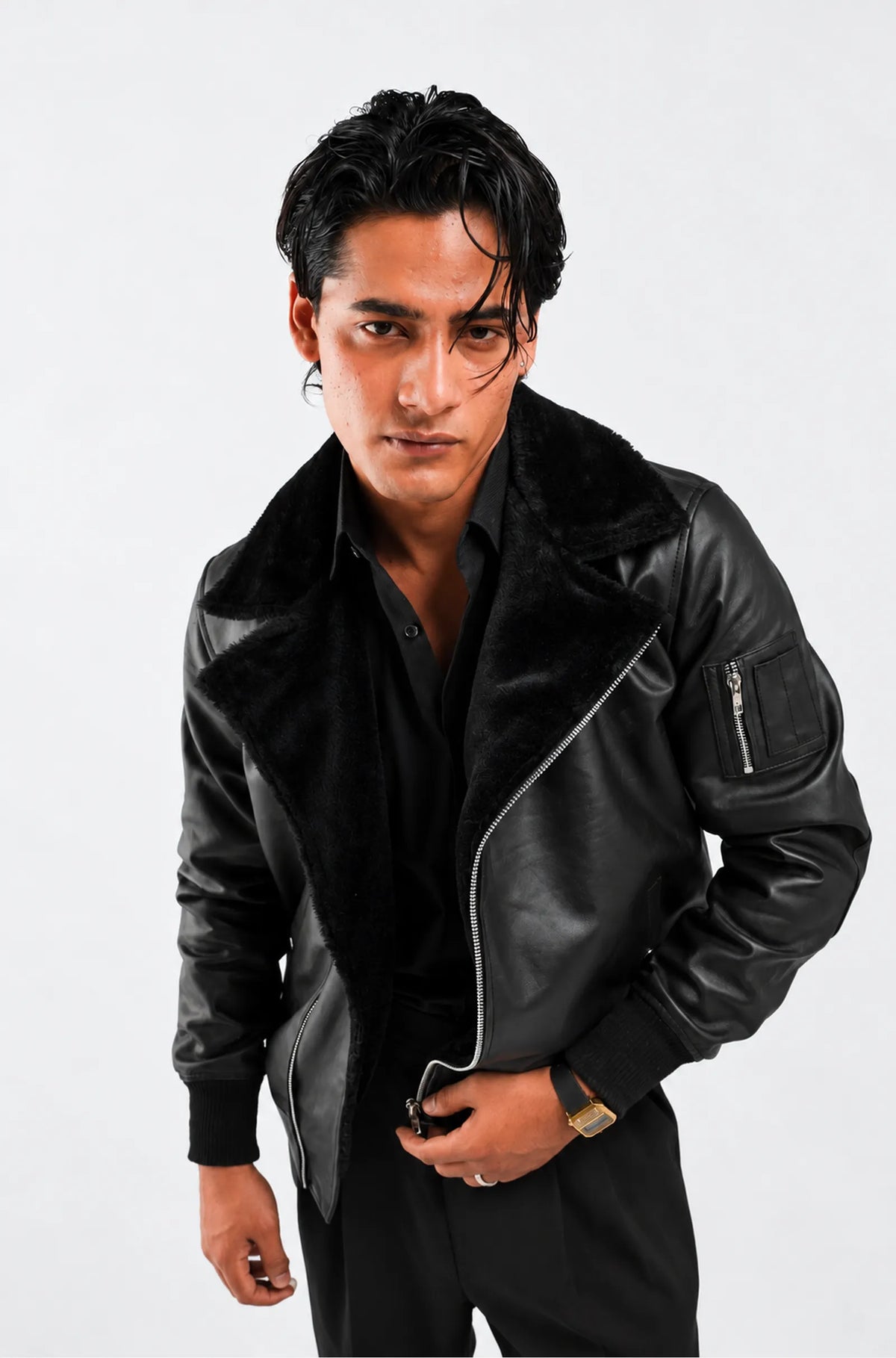 Men's Black Leather Aviator Bomber Jacket