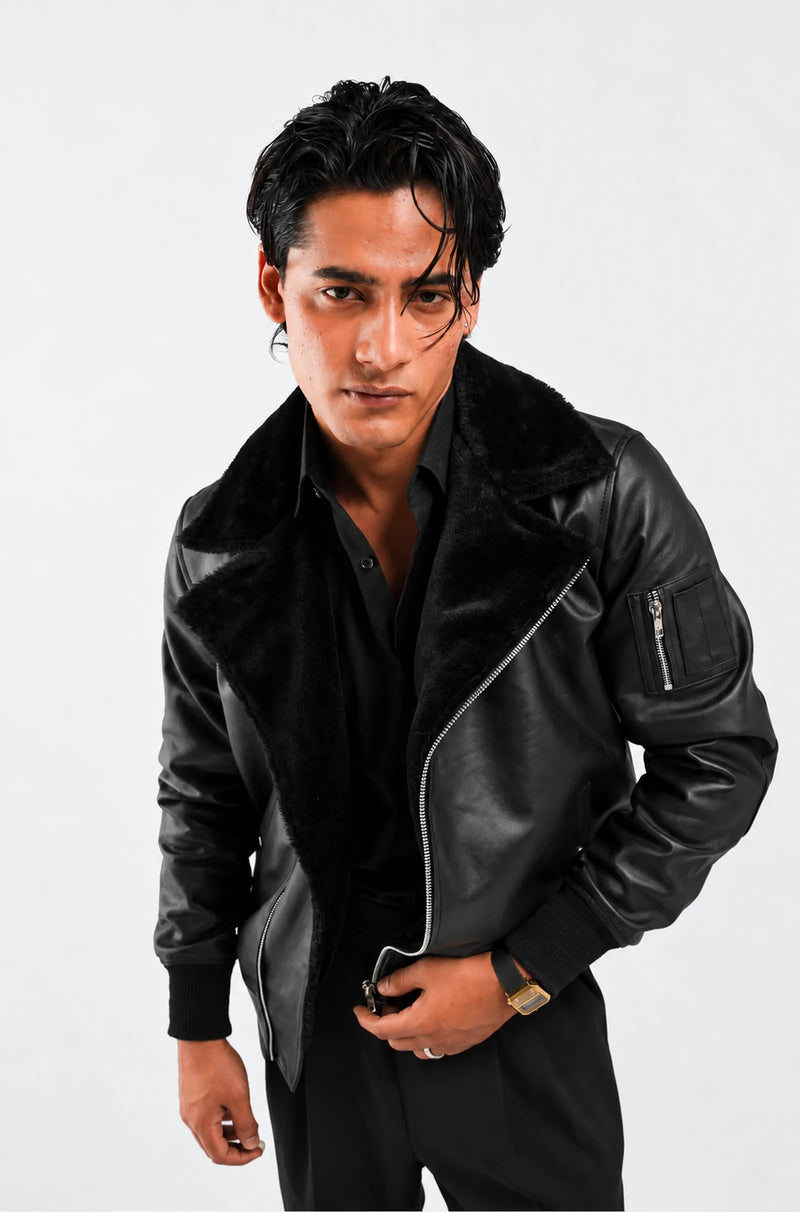 Men's Black Leather Aviator Bomber Jacket