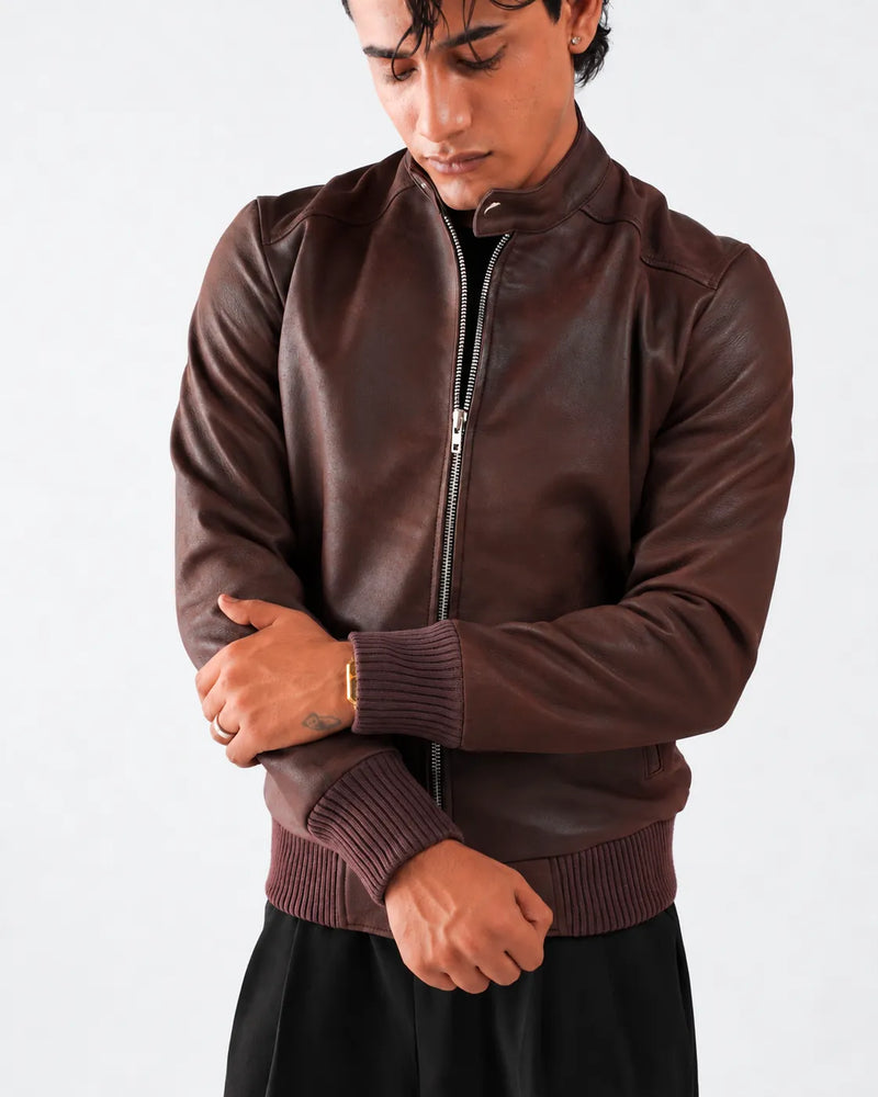 Dark Brown Leather Bomber Jacket with Stand Up Collar