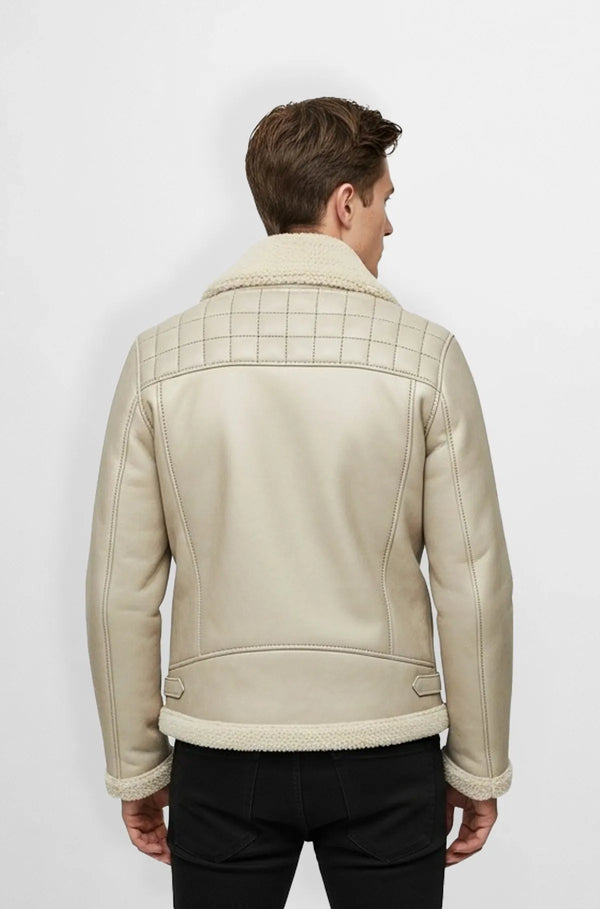 Ivory Beige Shearling Leather Biker Jacket Back view