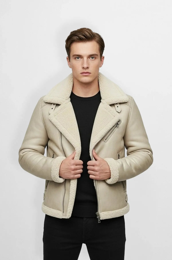 Ivory Beige Shearling Leather Biker Jacket Front view
