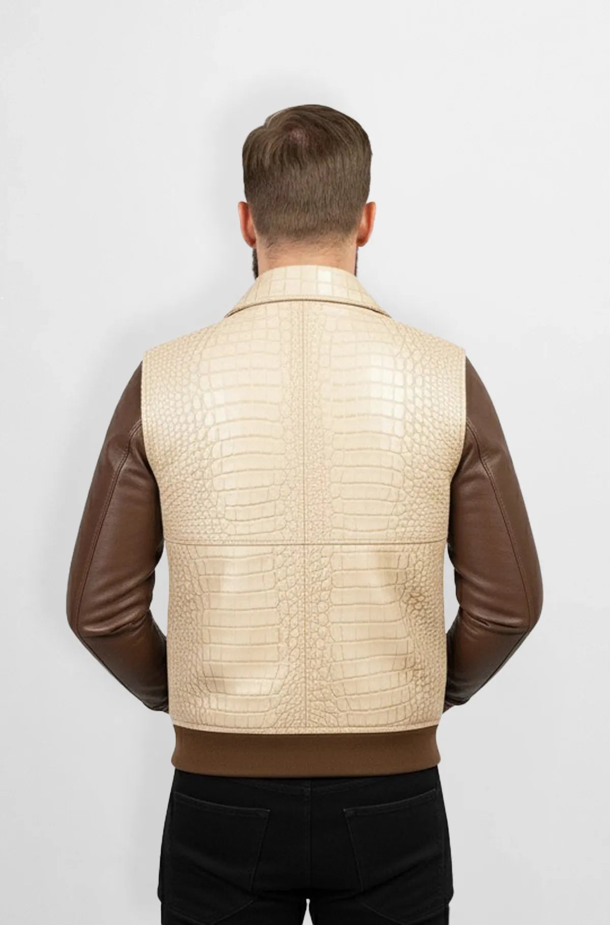 Ivory Crocodile with Chestnut Brown sleeves Leather Jacket