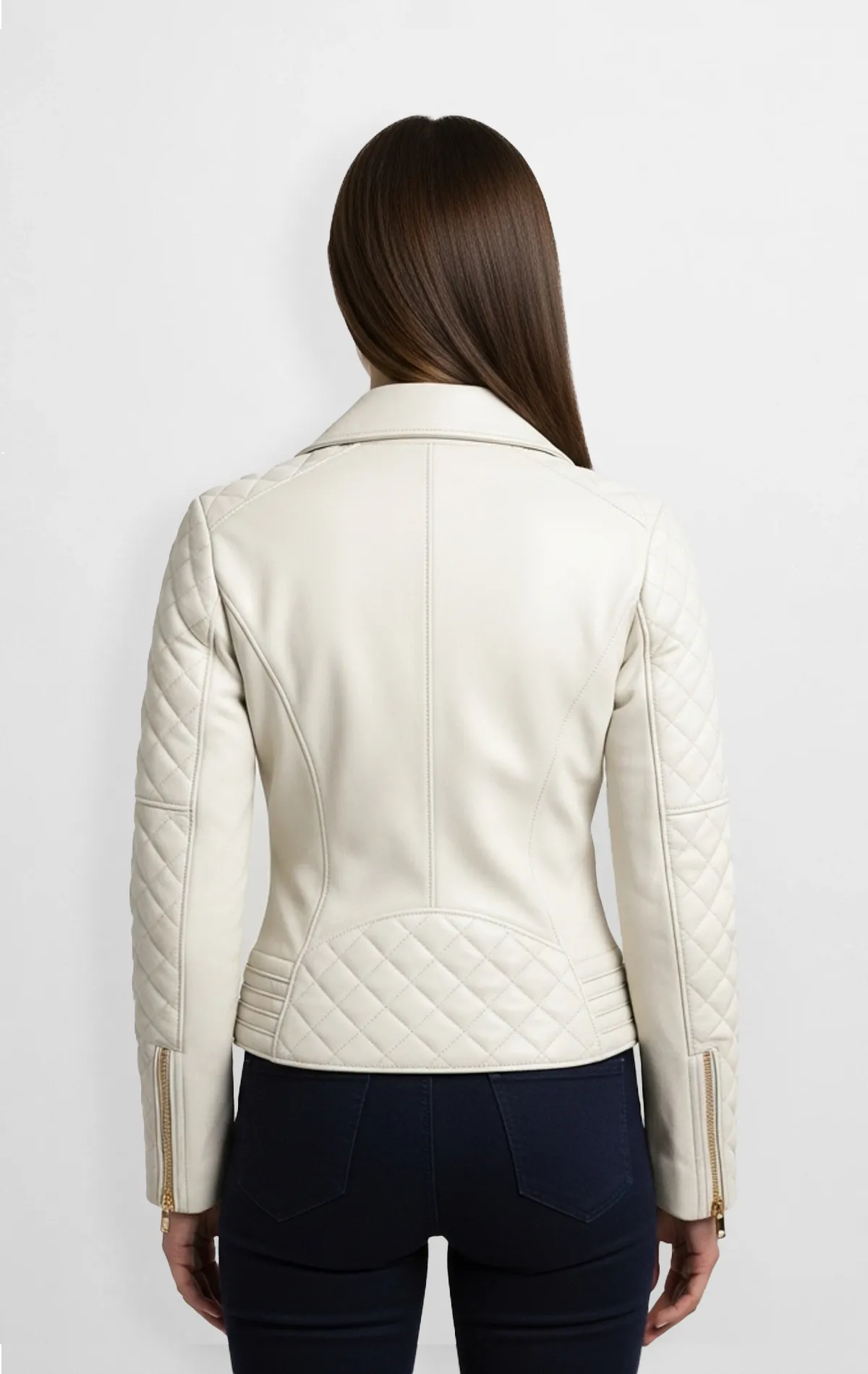 Ivory Luxe Quilted Biker Jacket back view