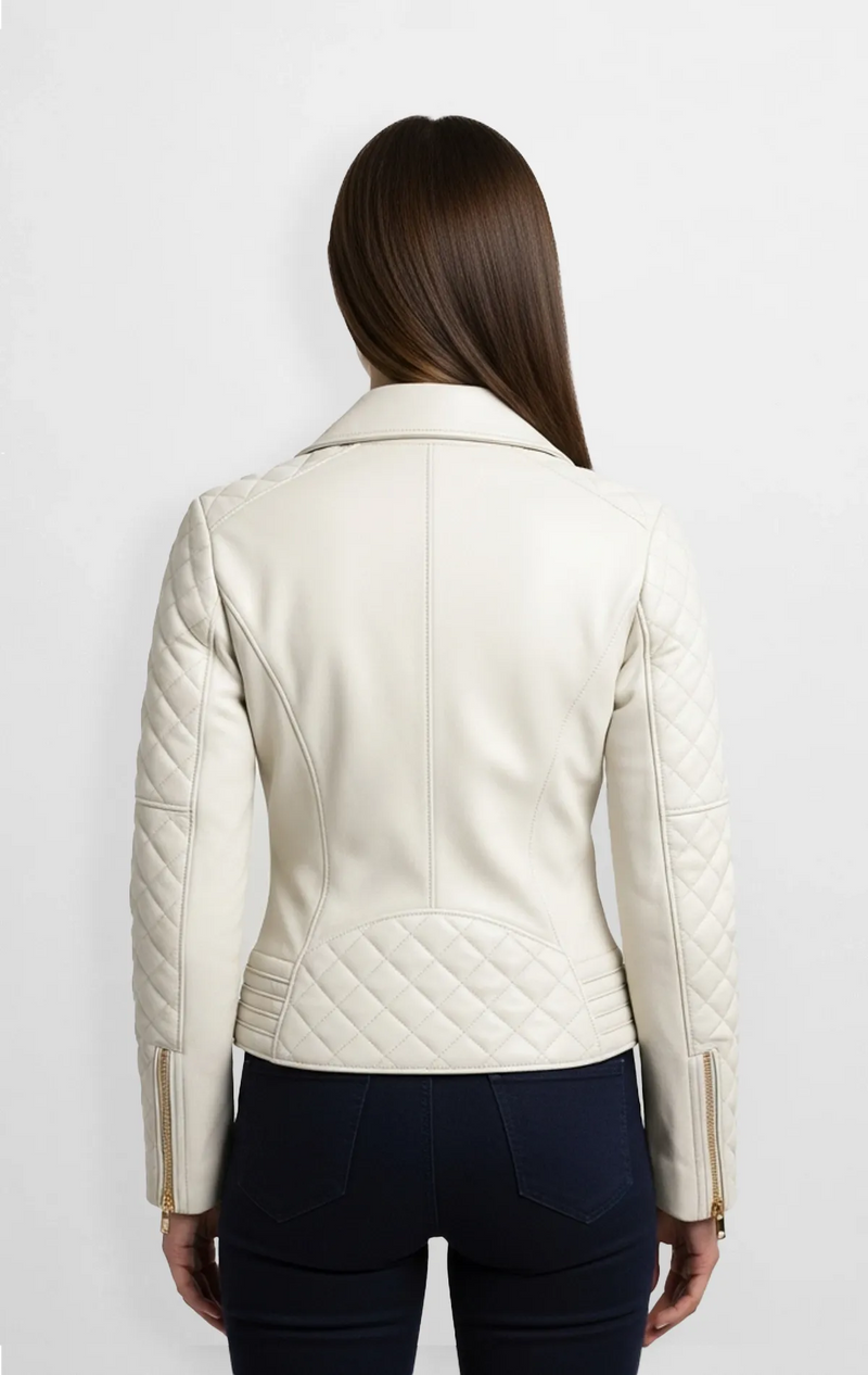Ivory Luxe Quilted Biker Jacket back view