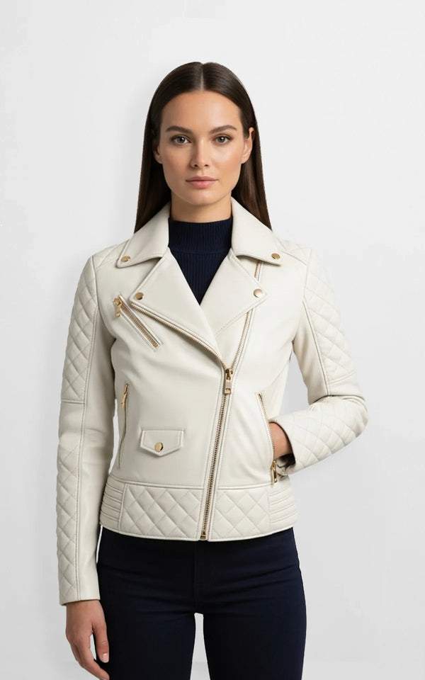 Ivory Luxe Quilted Biker Jacket front view