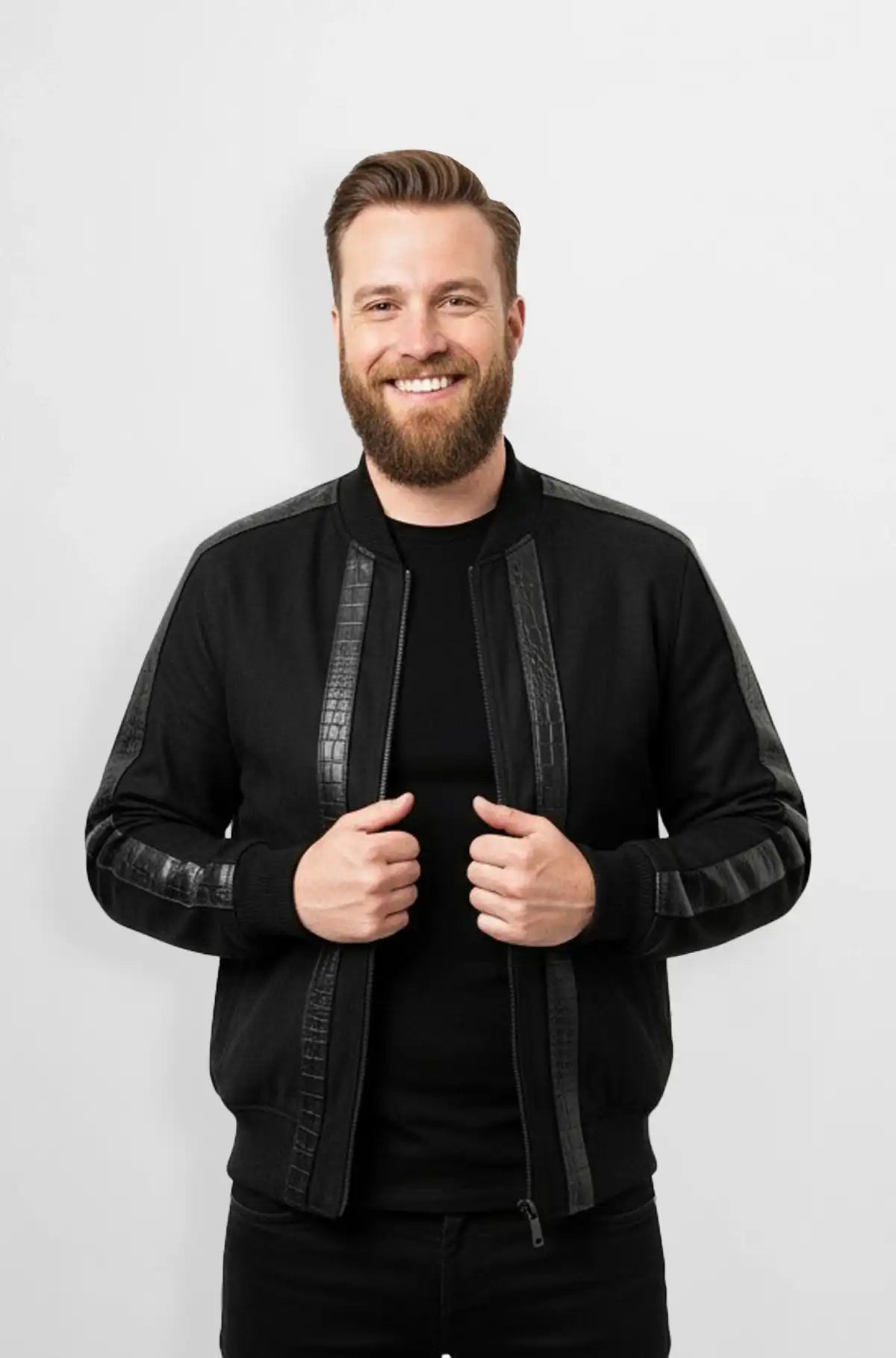 Jet Black Crocodile Suede Leather Bomber Jacket Front view