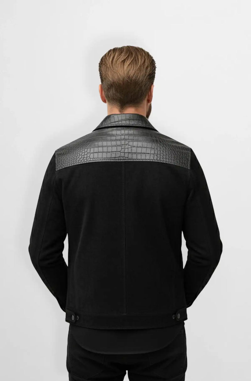 Jet Black Crocodile Suede Leather Trucker Jacket Back view