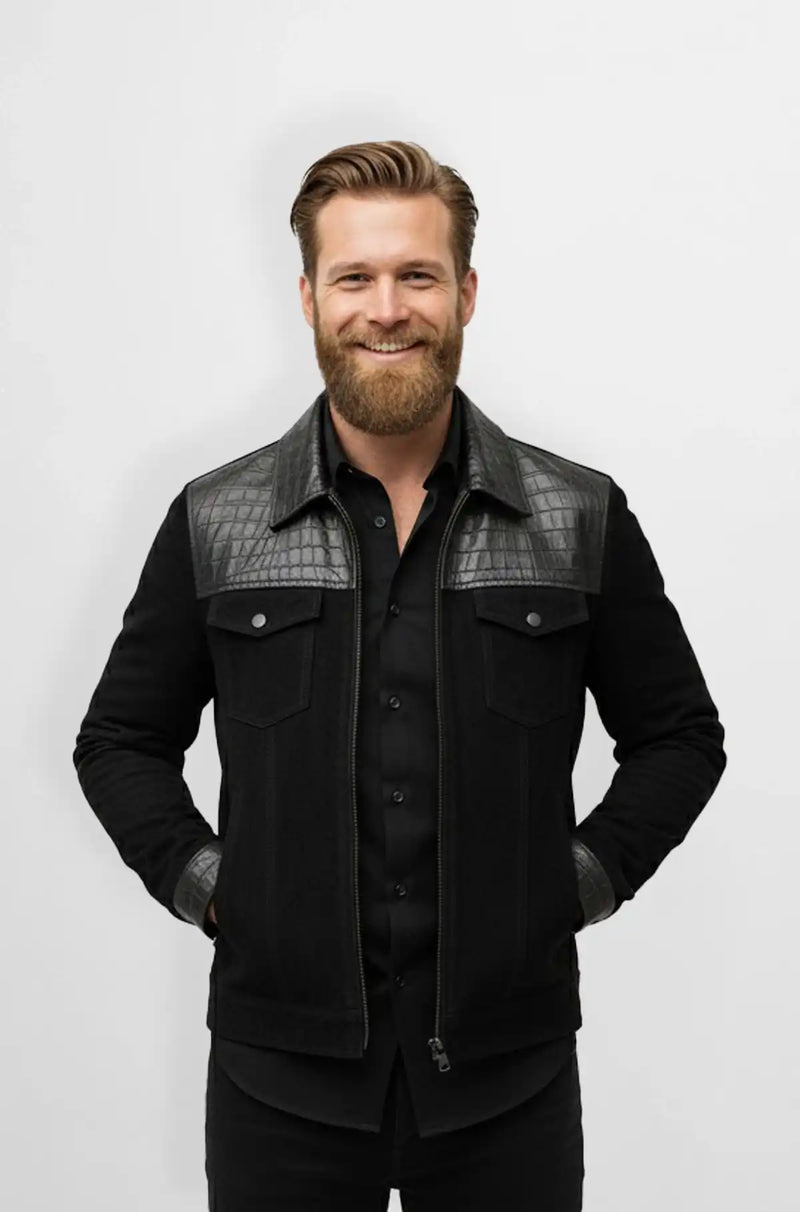 Jet Black Crocodile Suede Leather Trucker Jacket Front view